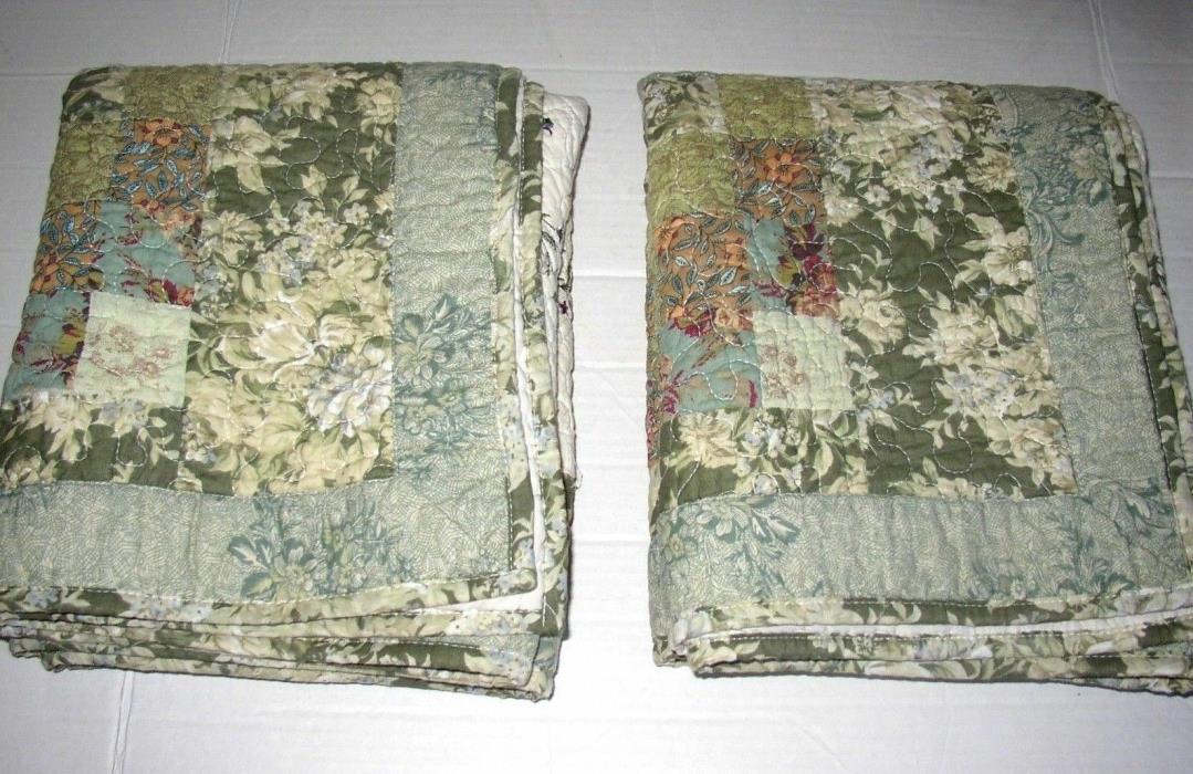 PAIR King Shams Quilted Patchwork Green Blue Floral Cotton EUC