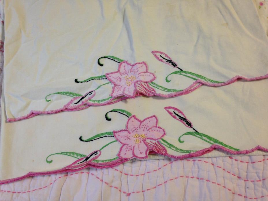 Vintage Pillowcases Pink Floral with Embroidery x 2
