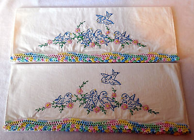 New Birds & Flowers Hand Embroidered Crochet Pair Pillow Case completed   PC35