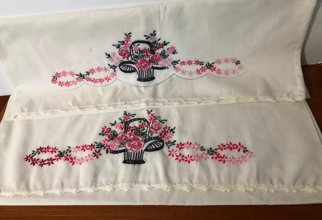 Pair Embroidered Pillowcases Pink Floral Bouquet