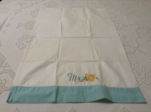 Vintage Cotton Blend 1 Mrs Pillowcase Embroidered Rose Yellow Teal 19 X 30 Chic