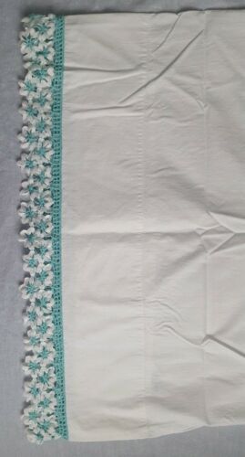 Vintage Pillowcase Hand Crocheted and Lace Flowers Aqua White