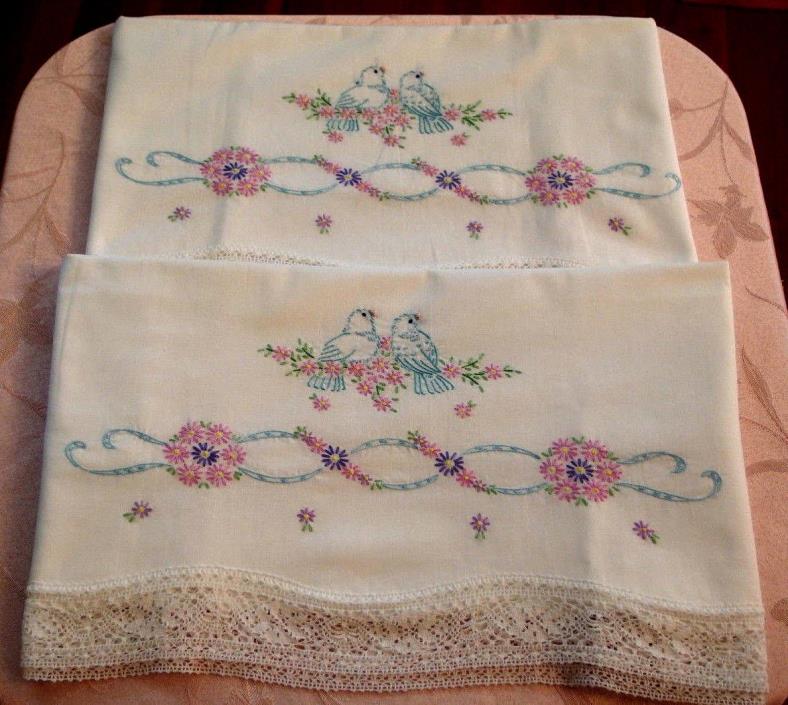 Pair Cotton Tubing Pillowcases Hand Embroidered w/