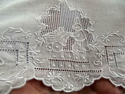 Vintage Fine Cotton Baby Pillowcase Swiss Hand Whitework Lace Bunny Pushing Pram