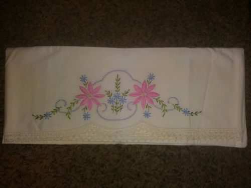 Vintage Pillowcase Embroidered Floral Pink Blue  Flowers  Crochet Lace 20 