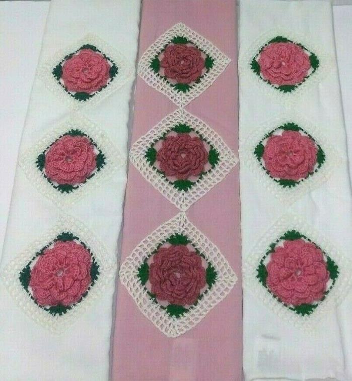 FANCY Embroidered  PINK Roses on Diamonds   Vintage Pair + 1  ~ 1980's ~  MINT