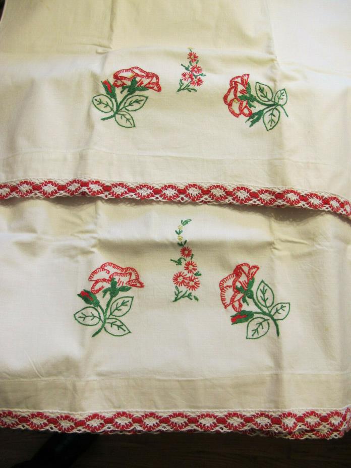 Vtg Pair Pillowcases Hand Embroidered Red Flowers & Red/white Crocheted Trim