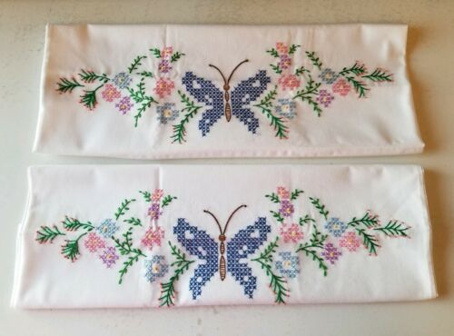 Vintage Pair Of Embroidery Pillowcases Colorful  Beautiful Butterfly Design