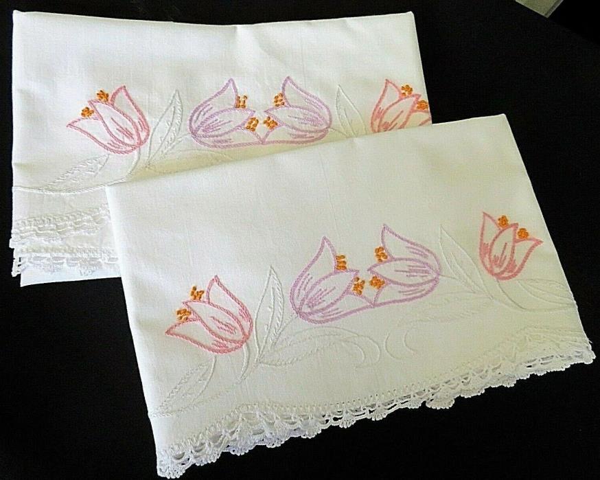 PAIR  Vintage Pillowcases Embroidered Flowers Crochet Edge Bridal Gift