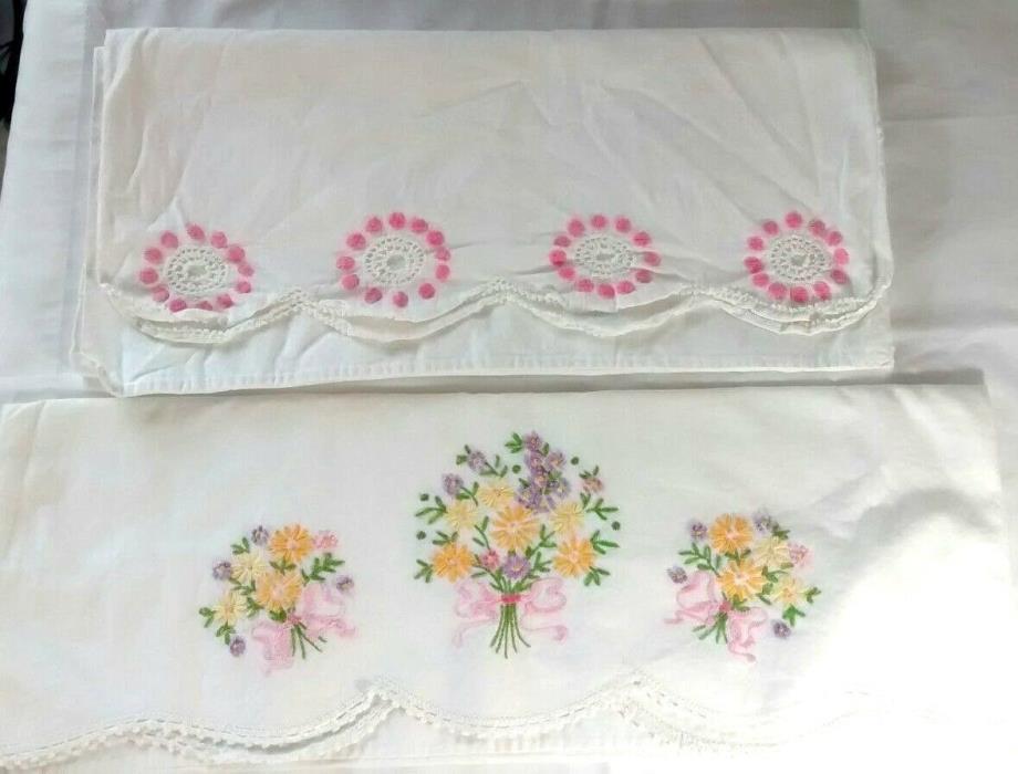 Vintage Hand Embroidered White Cotton Pillowcases Floral Bouquet Crochet Edge