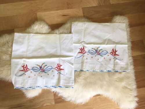 Vintage Pillowcases Set Embroidered Birds Bows Floral Crochet Trim