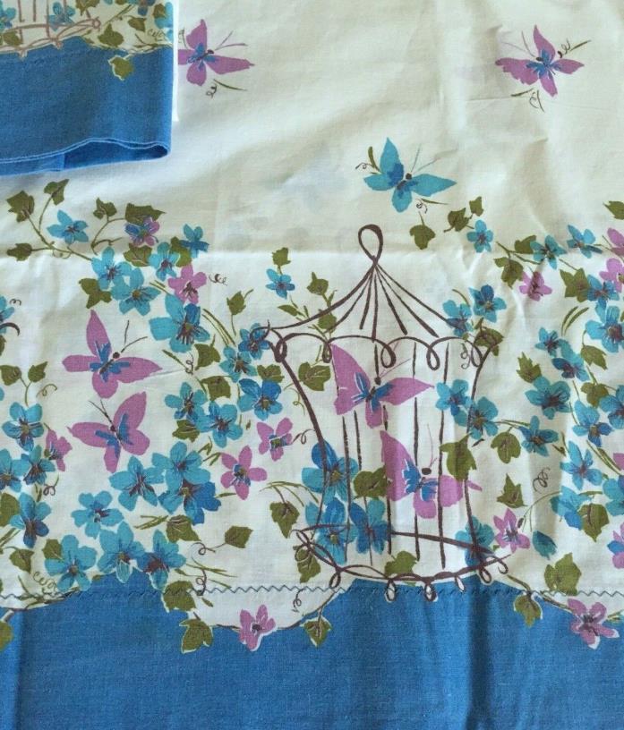 Vintage Cotton Pillowcases Butterflies Flowers Birdcage Print Purples and Blues