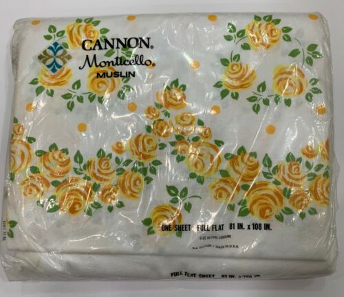 Vintage Cannon Monticello Muslin Floral Yellow White Full Flat Sheet New NOS
