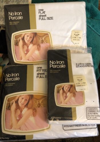 Vintage JC Penney Full Fitted/Flat/Pillow Set No Iron Percale Wht 180 Thread New