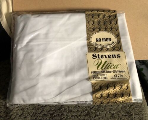 Vintage NOS Stevens Utica PERCALE WHITE FULL FITTED SHEET Extra Long
