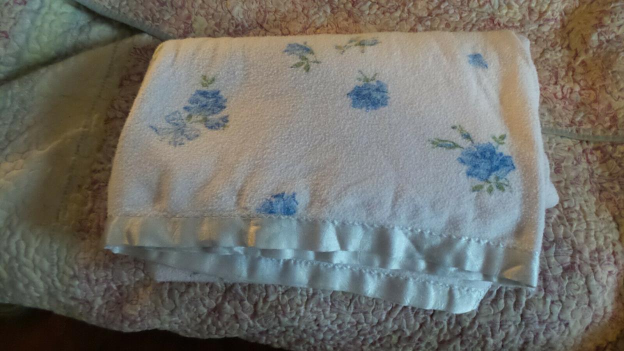 Vintage Flannel Top Sheet/Blanket with Blue Roses Shabby Farmhouse Style 88x50