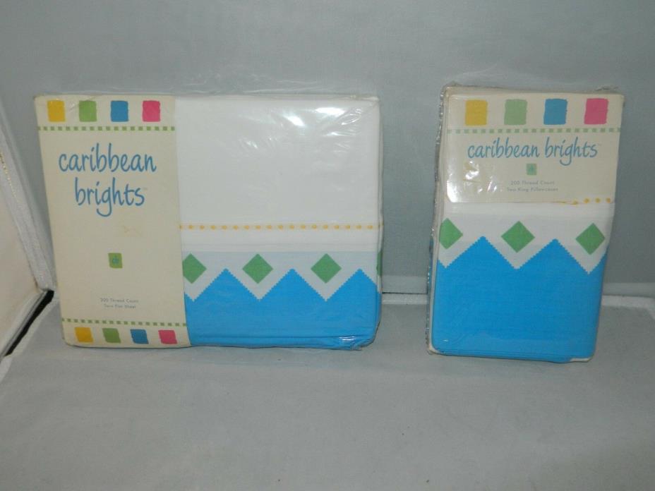 Vintage 90s Caribbean Brights Twin Flat Bed Sheet & Two King Pillow Case