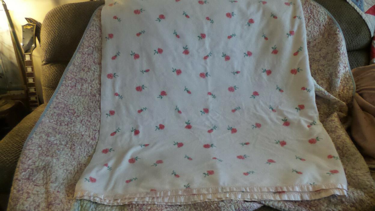 Vintage Flannel Top Sheet/Blanket with Pink Roses Shabby Farmhouse Style 88x50