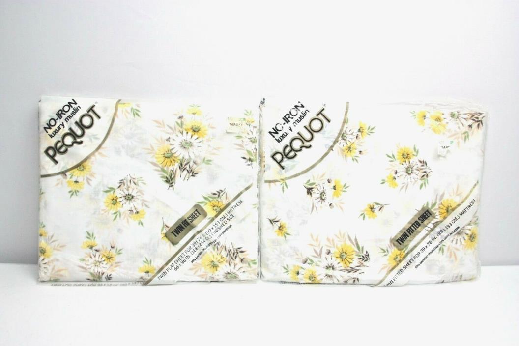 NIP Vintage Yellow Floral Sheets Pequot No Iron Muslin Twin Fitted & Flat