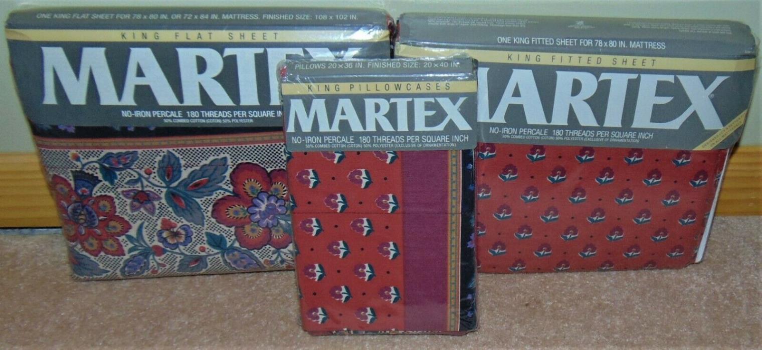 Vintage Martex King Avignon Floral Fitted ~ Flat Sheets & 2 King Pillowcases NIP