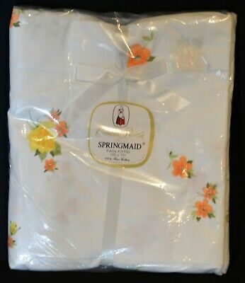 Vintage TWIN FITTED Combed Percale SPRINGMAID Orange Yellow Floral NEW NIP