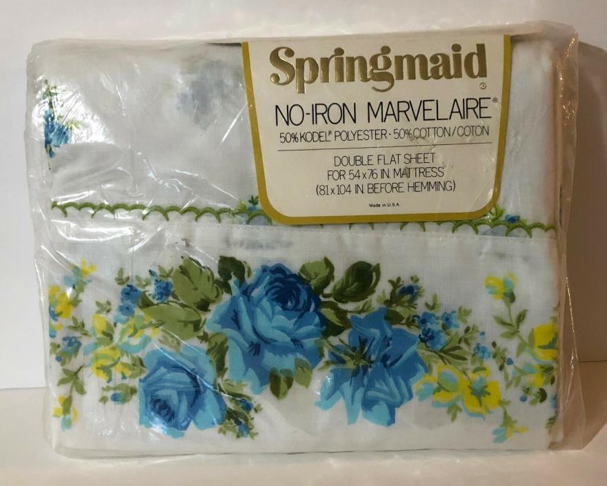 Springmaid Marvelaire Blue Floral Vintage Sheet Double/Full Flat Sheet NEW