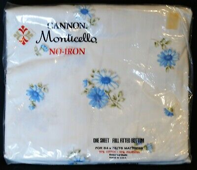 Vintage FULL FITTED Cannon Monticello No Iron Bottom Sheet White Blue Floral NEW