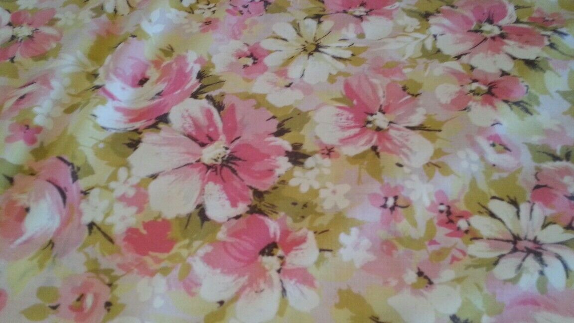 Vintage GRANT'S TWIN FLAT No Iron Muslin Pink White Floral Green Retro Sweet!!