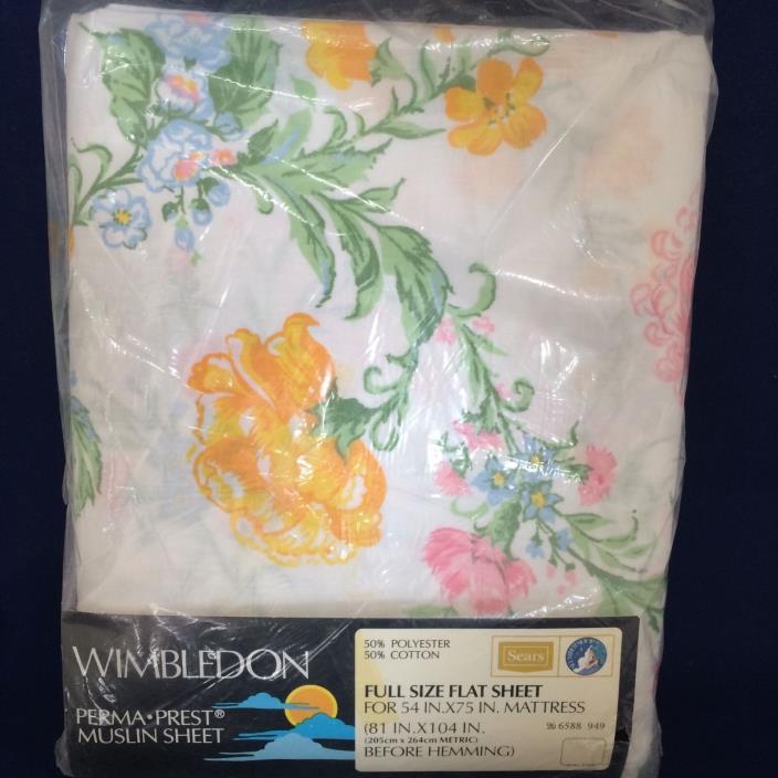 UNUSED Vtg bed sheet flat FULL  white pink yellow floral fabric  COTTAGE CHIC