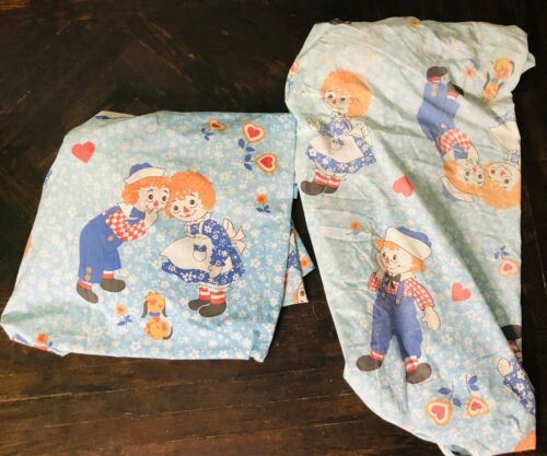 Vintage Raggedy Ann Andy Bobbs Merrill 1960s Fabric Twin Flat Fitted Bed Sheet
