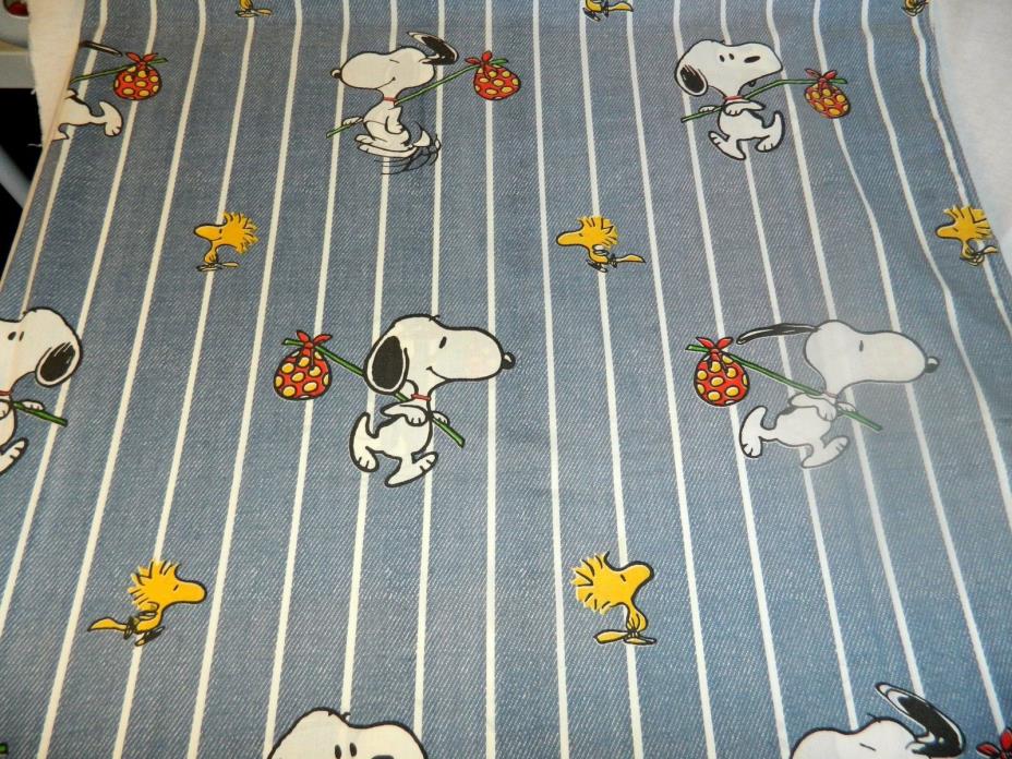 VTG Peanuts Snoopy Twin Sheet Woodstock Hobo Blue Striped fabric