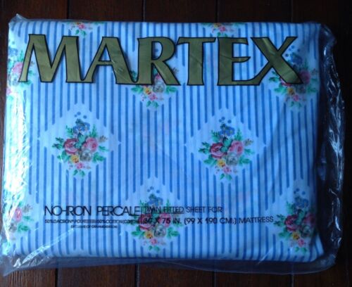 Martex Percale Twin Fitted Sheet Blue Striped Floral Made in USA Vintage NIP NEW