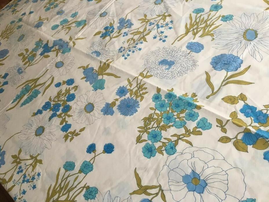 Vintage 60s Wamsutta Sheet Mod BLUE Floral Flat QUEEN Supercale Plus Flowers