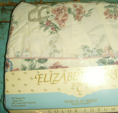 Nos new vintage twin flat sheet Eliabeth Gray Victoria garden chic roses ribbons