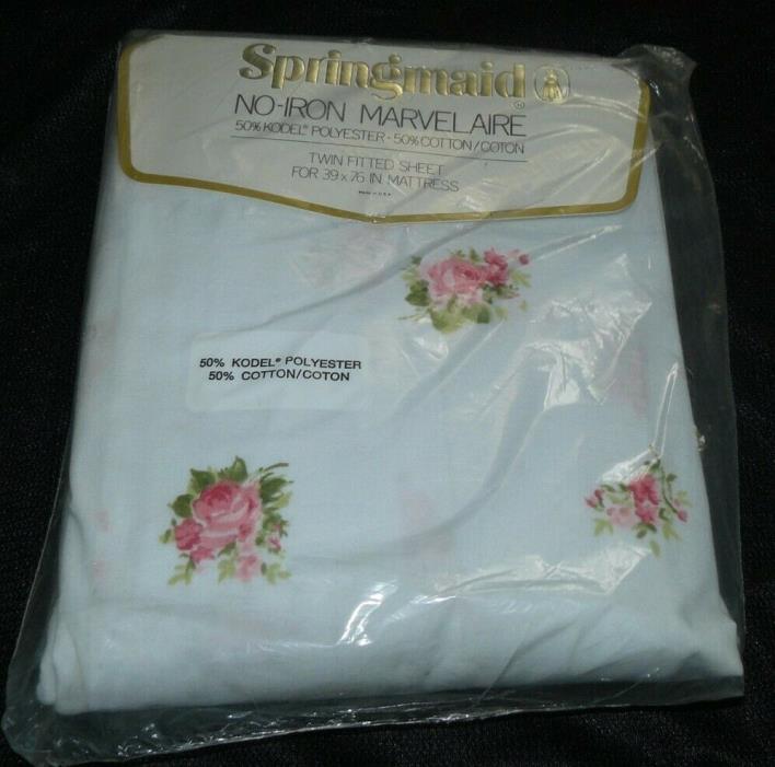 Vintage Springmaid Twin Size Fitted Sheet Prelude No Iron Marvelaire Pink Roses