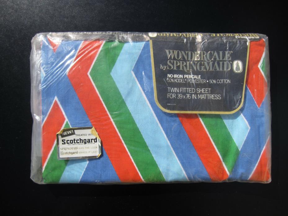 Vtg SPRINGMAID WONDERCALE Twin Fitted Sheet Chevron BED LIB Bold Colors Red Blue