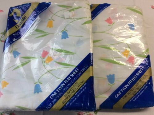 Vtg NOS Twin Bed Fitted Flat Sheet Flowers Spring Summer Danville Made In USA