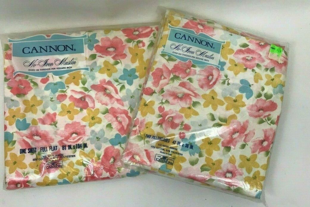 Set Sheets Vintage Full Flat & Pillowcases Floral New Pink Blue Cannon No Iron