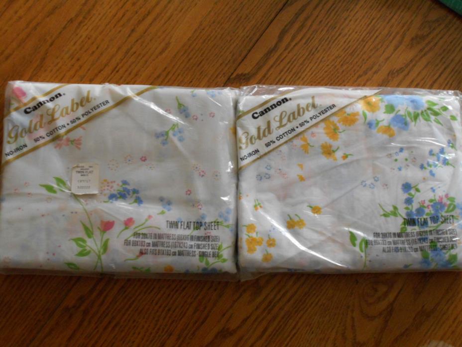 2 Twin Flat Sheets Floral Hillary Pattern Cannon Gold Label Vintage NOS