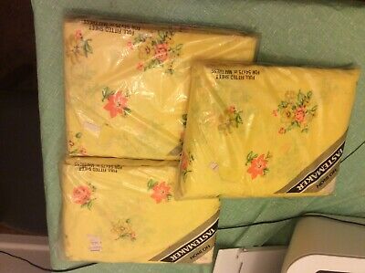 3 Vintage Tastemaker Yellow Floral Full Fitted Sheets NIP No Iron