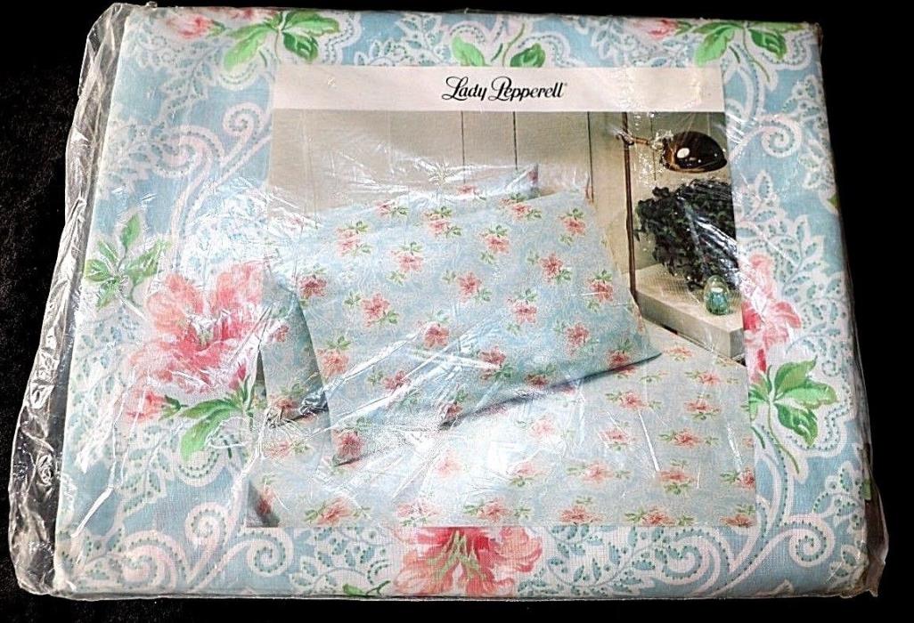 Vintage Lady Pepperell Sheet Pink Lilly's Swirls Blue USA Full Flat No Iron