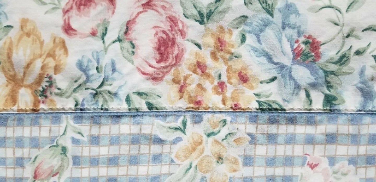 Vintage Croscill Twin Size Flat sheet Blue Shabby Chic Cottage Farmhouse Floral