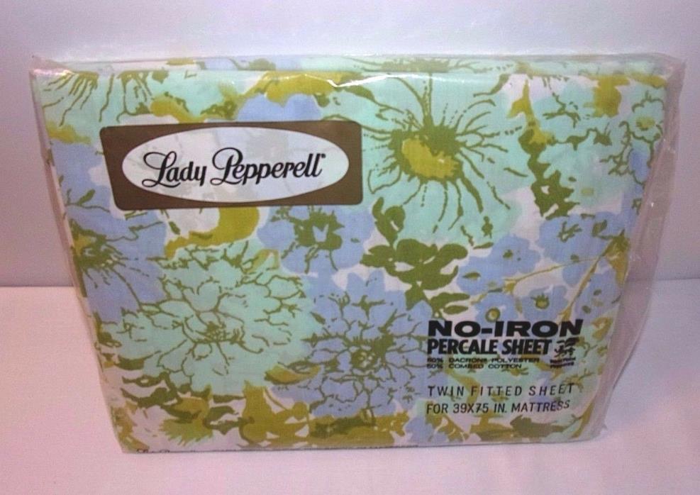 Twin NOS Floral Blue Lavender Green Fitted Sheet Lady Pepperell Percale SEALED