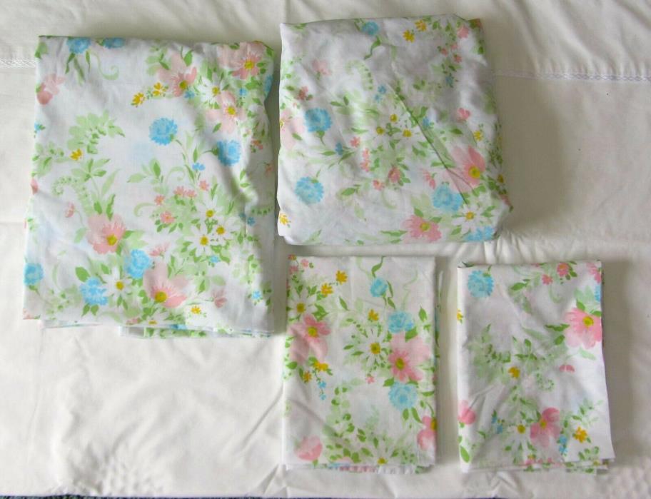 Vtg FULL Sheet FITTED FLAT & CASES Pink Blue Floral Flowers Sheets JC Penney