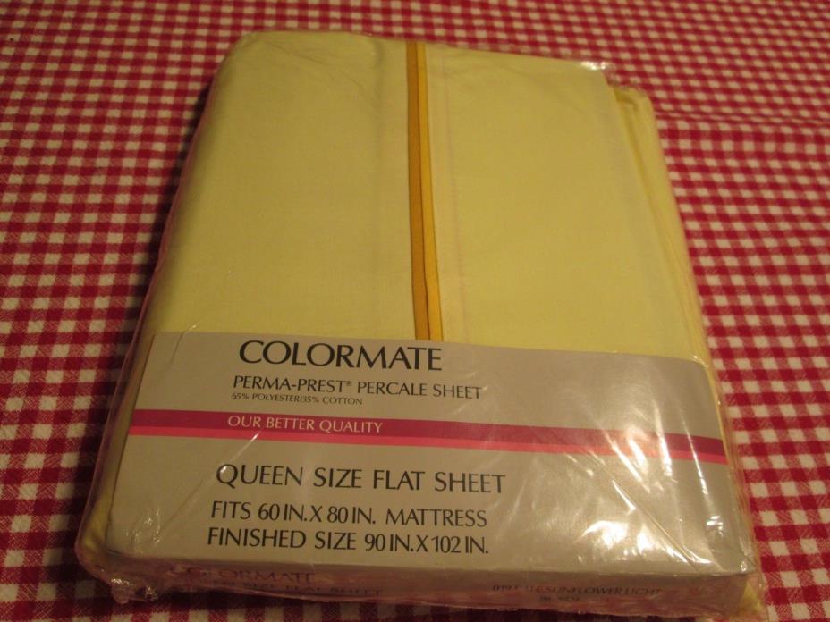 Sears Colormate Perma Prest Percale Flat Queen Sheet Yellow Tan Gold Trim