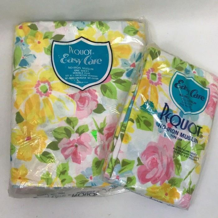 Set Sheets Vintage Full Flat & Pillowcases Floral New Pink Blue Yellow Pequot