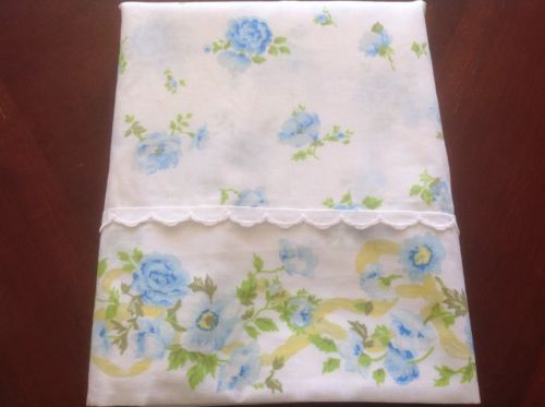 Vintage Blue Rose Twin Flat Bed Sheet Fabric Shabby Cottage Chic Mohawk Percale