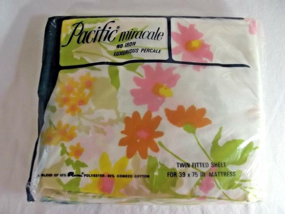 Pacific Miracale TWIN FITTED SHEET - Shadow Flowers - Percale 1960s NEW