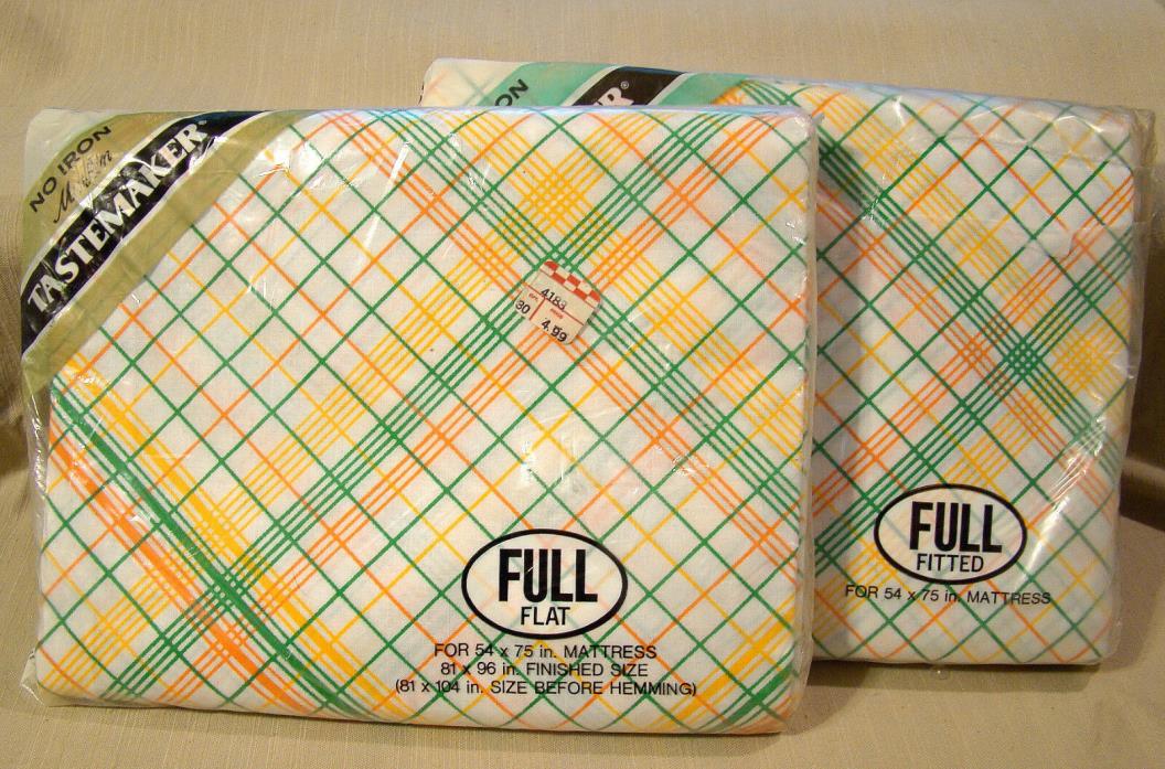 NEW in Package Vintage USA Tastemaker Full Flat Fitted Sheets Green Yellow Plaid