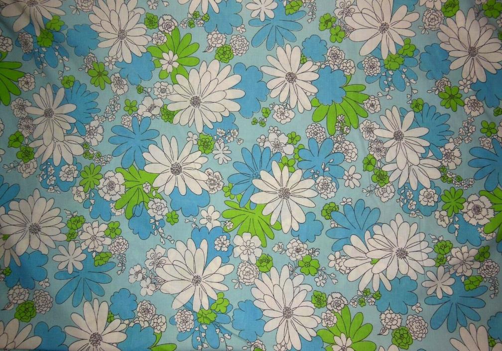 Vtg 1960s Cannon Monticello Twin Muslin Flat Sheet Blue Floral Daisy USA Made
